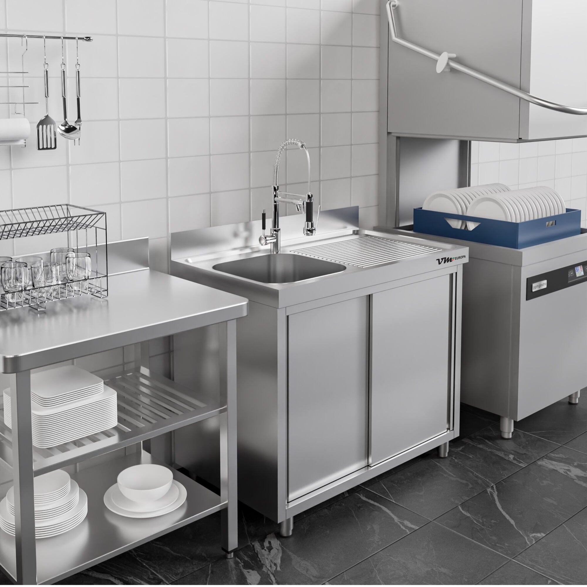 Edelstahl Spülschrank 1 Becken rechts, mit Aufkantung, ECO - alle Größen montiert