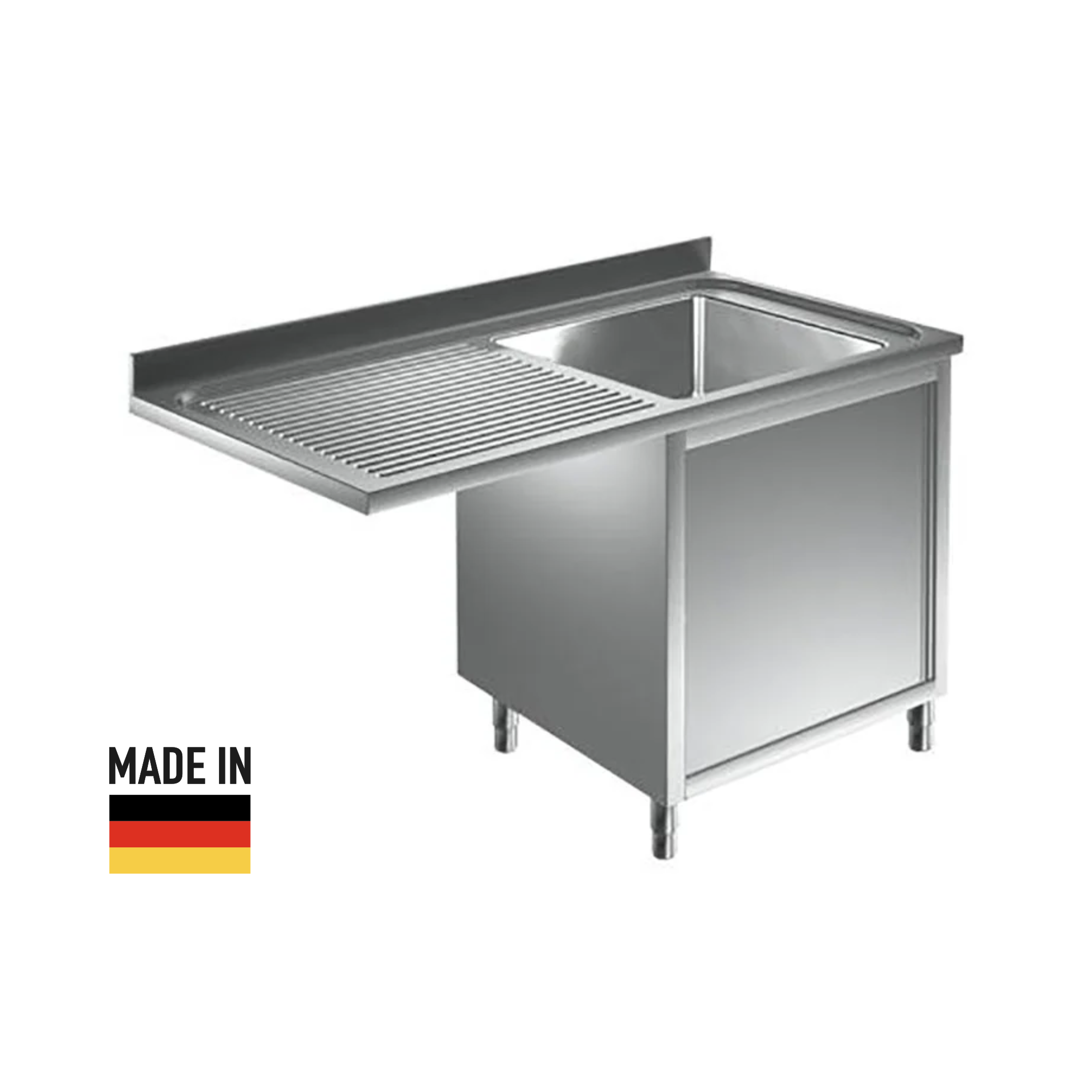 Edelstahl Spülmaschinenschrank bzw. Spülschrankzentrum, 1 Becken rechts, mit Aufkantung, Premium - alle Größen montiert