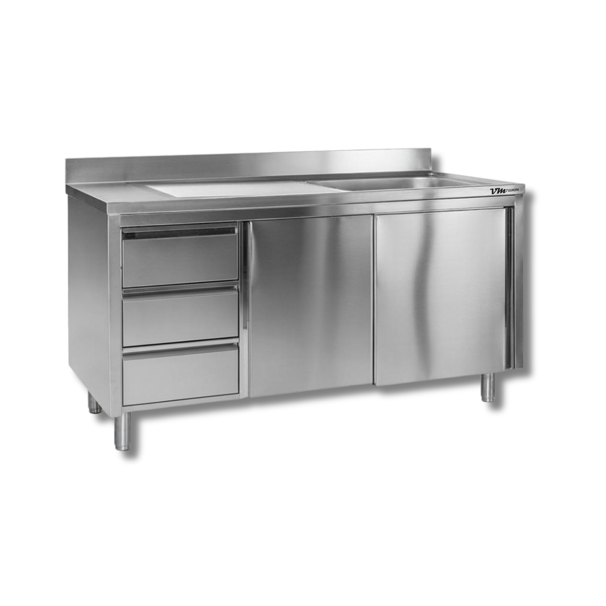 Edelstahl Spülschrank 1 Becken rechts, mit Aufkantung, 3 Schubalden links, Premium - alle Größen montiert