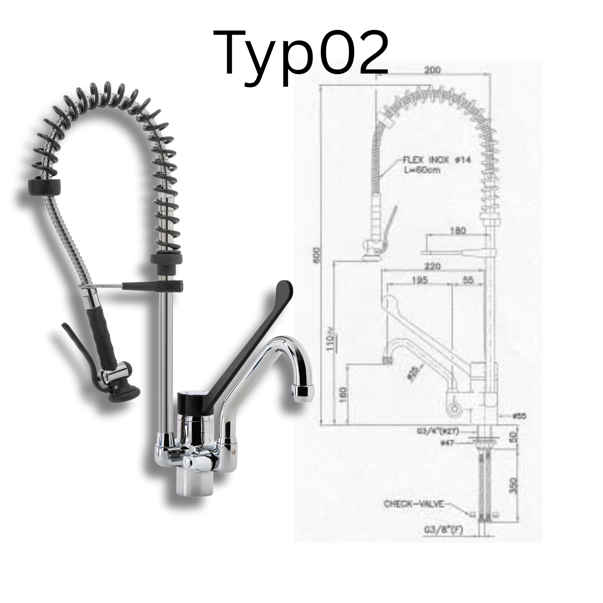 VM Europa - Geschirrbrause klein für Gastronomie - 60 x 20 cm - Lochbohrung 29mm - biegsamer Wasserhahn Armaturen Gastronomie Wand Armatur