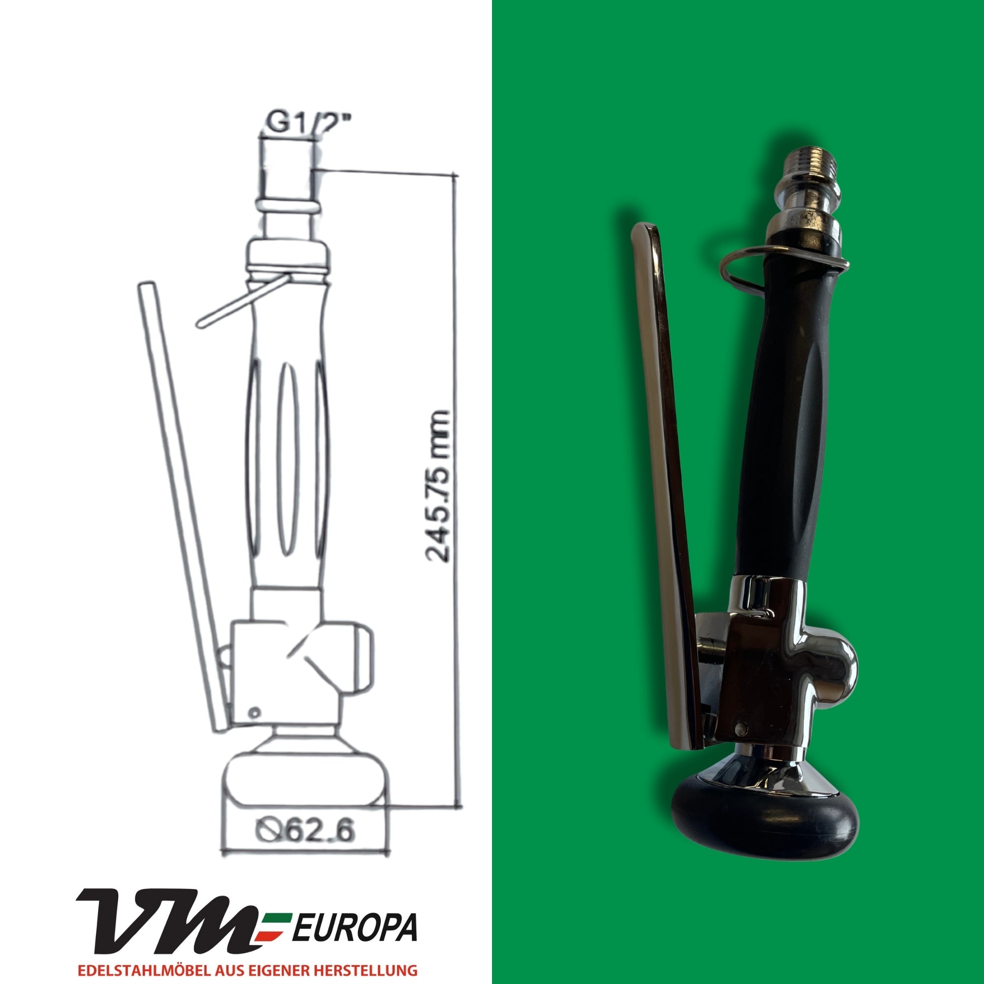 VM Europa Profi Gastro Handbrause Schwarz mit Feststellbügel | 1/2" Standard-AG | Ersatzbrause für Geschirrbrause | 24,5cm lang