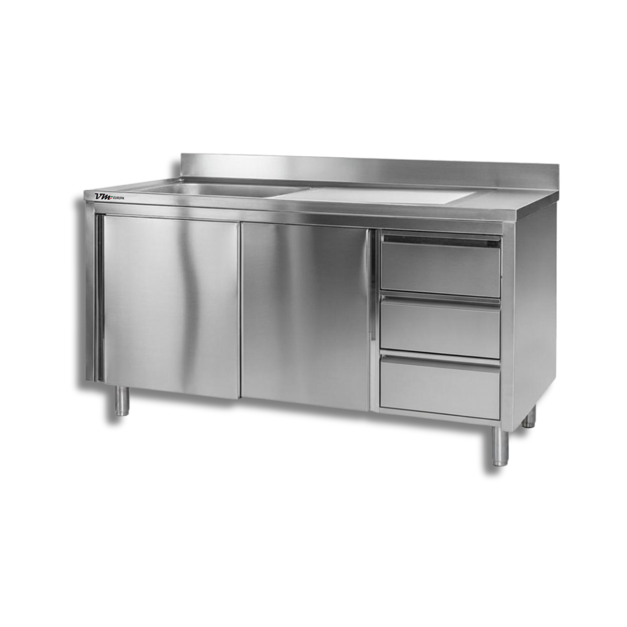 Edelstahl Spülschrank 1 Becken links, mit Aufkantung, 3 Schubladen rechts, Premium - alle Größen montiert