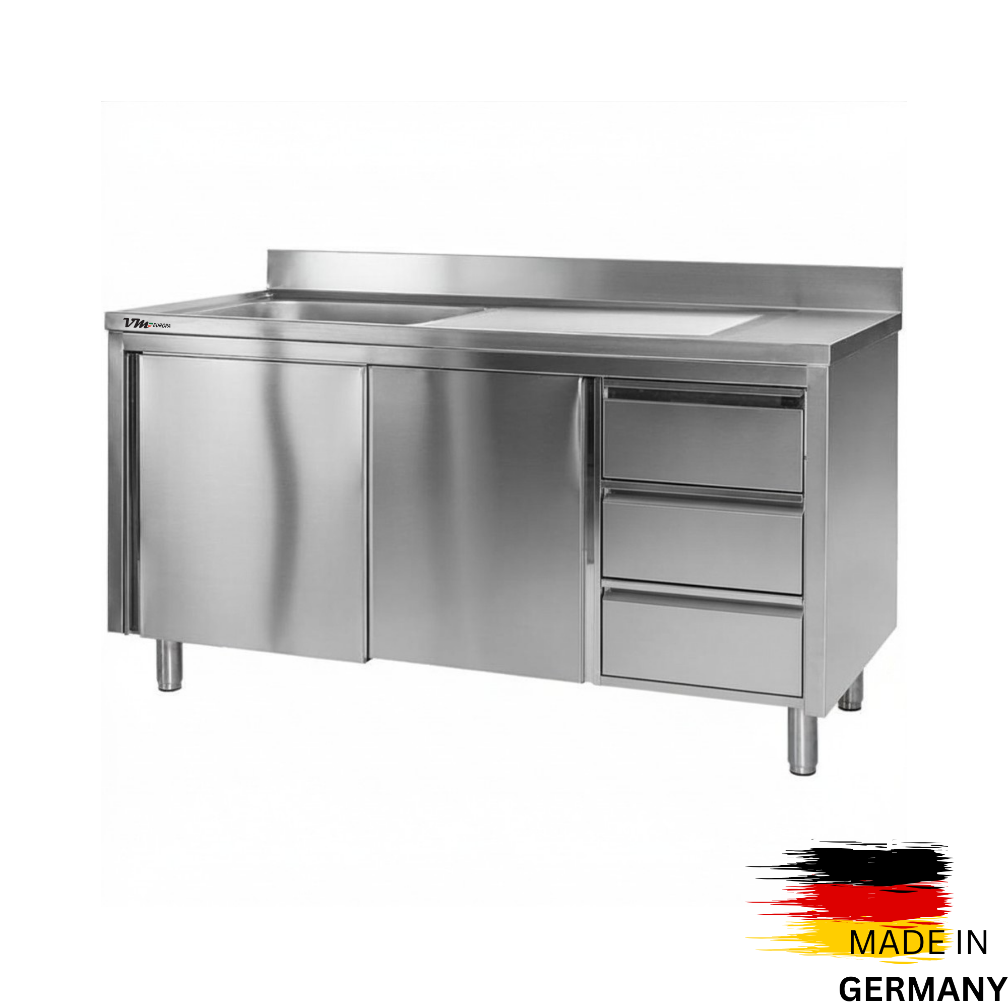 Edelstahl Spülschrank 1 Becken links, mit Aufkantung, 3 Schubladen rechts, Premium - alle Größen montiert