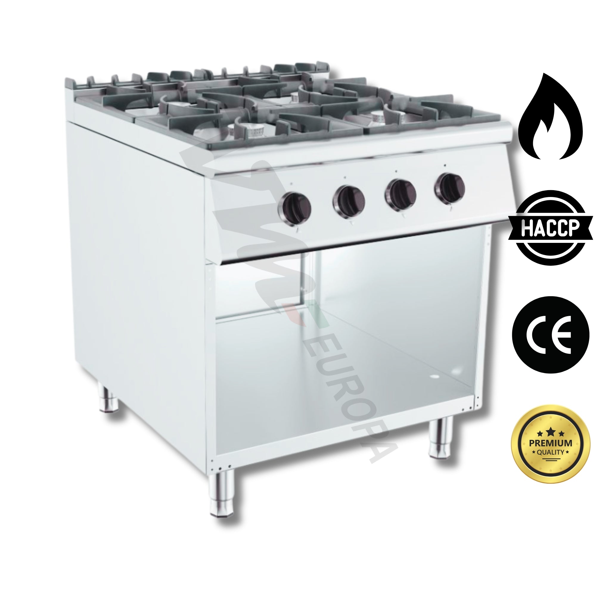 Gasherd 4 Flammen 80x90cm - 34kW Gastro Herd - Profi Kochfeld Edelstahl