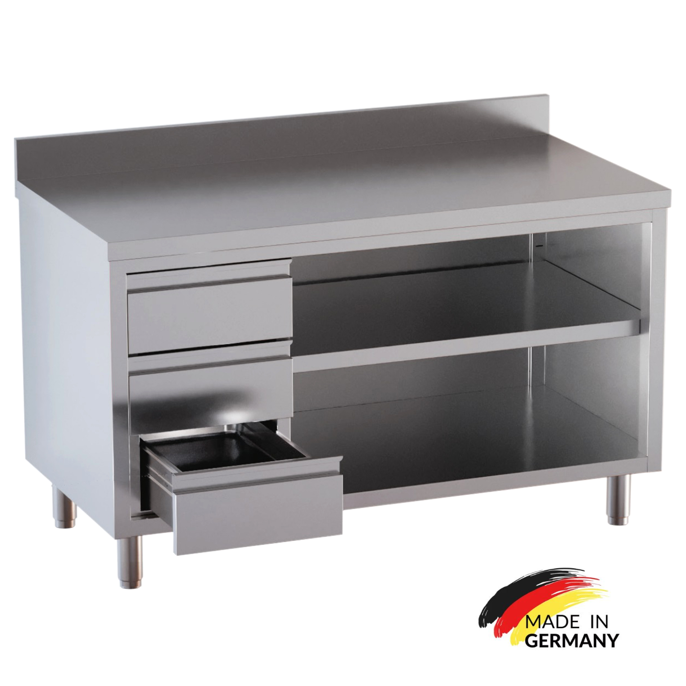 Edelstahl Arbeitsschrank, 3 Schubladen links, mit Zwischenboden - alle Größen montiert