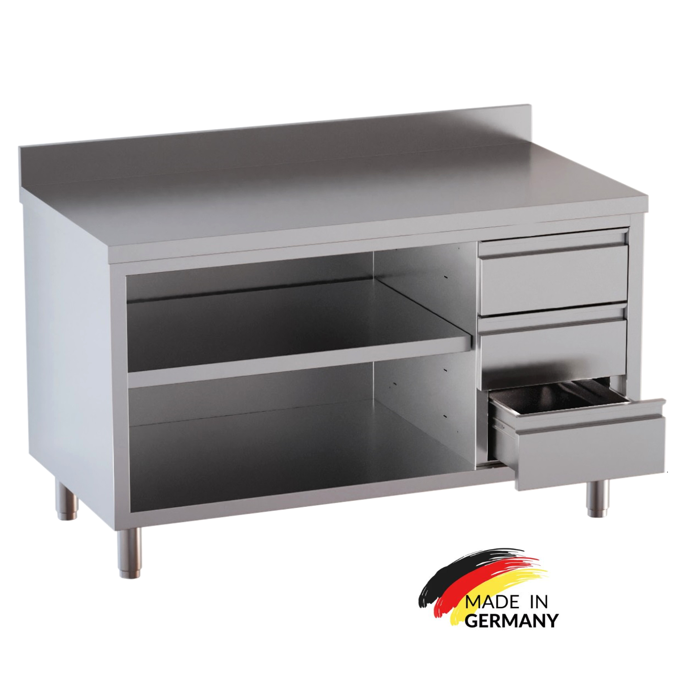 Edelstahl Arbeitsschrank offen, 3 Schubladen rechts mit Zwischenboden - alle Größen montiert