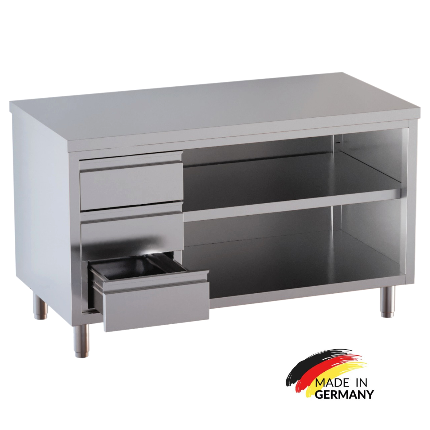 Edelstahl Arbeitsschrank, 3 Schubladen links, mit Zwischenboden - alle Größen montiert