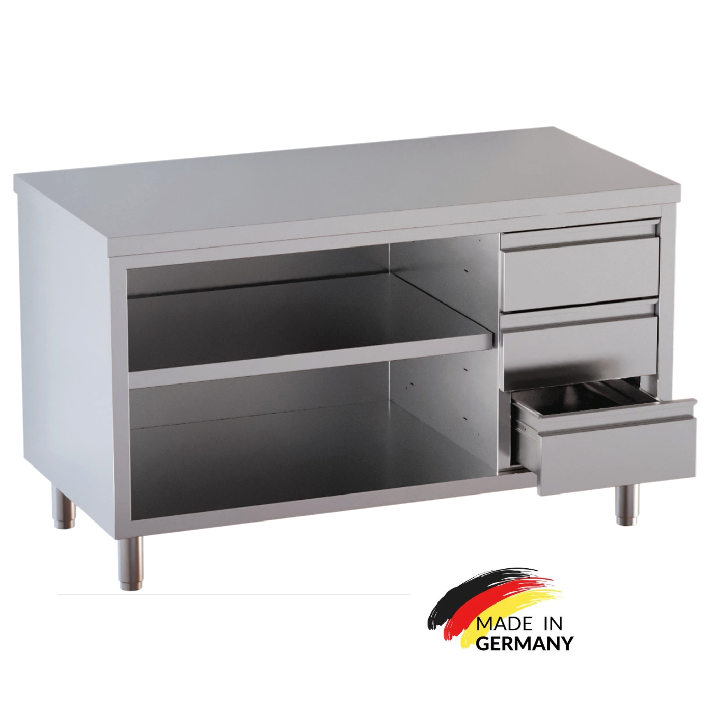 Edelstahl Arbeitsschrank offen, 3 Schubladen rechts mit Zwischenboden - alle Größen montiert