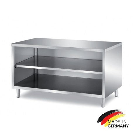 Edelstahl Arbeitsschrank offen, mit Zwischenboden - alle Größen montiert