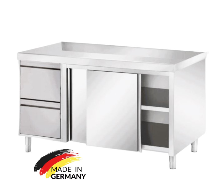 Edelstahl Arbeitsschrank mit 2 Schubladen links, mit Zwischenboden - alle Größen montiert