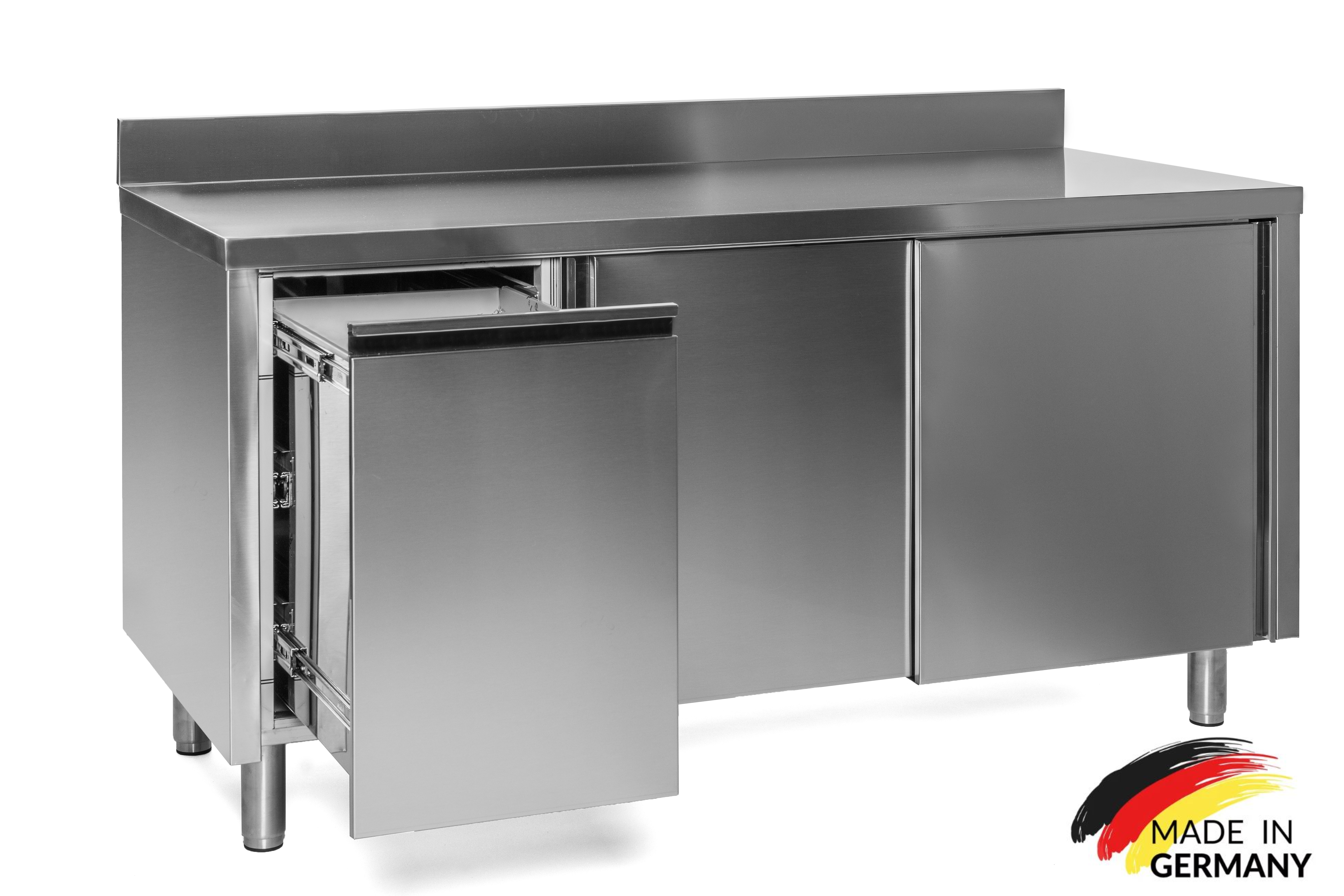 Edelstahl Arbeitsschrank mit Abfallbehälter links, mit Zwischenboden - alle Größen montiert