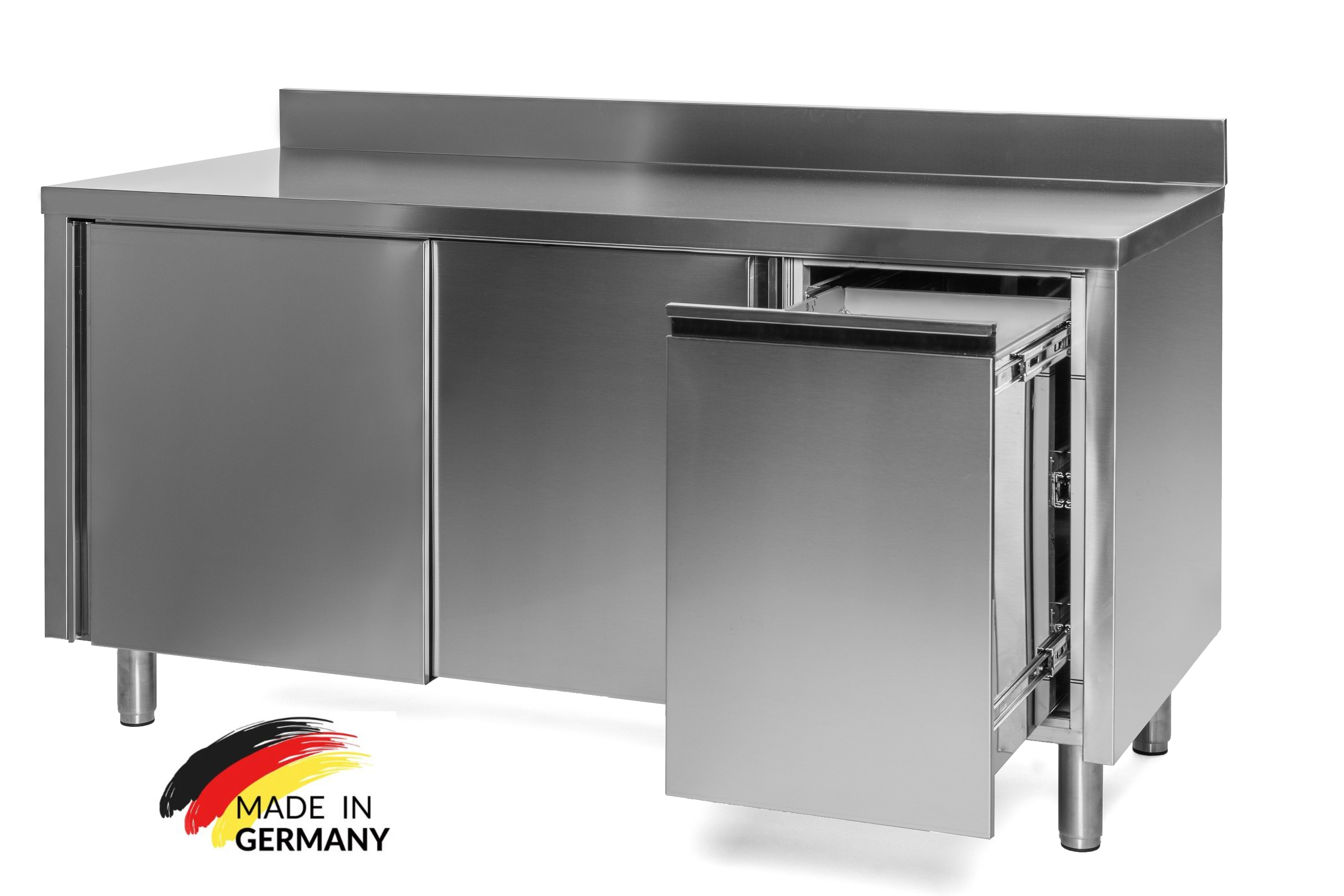 Edelstahl Arbeitsschrank mit Abfallbehälter rechts, mit Zwischenboden - alle Größen montiert