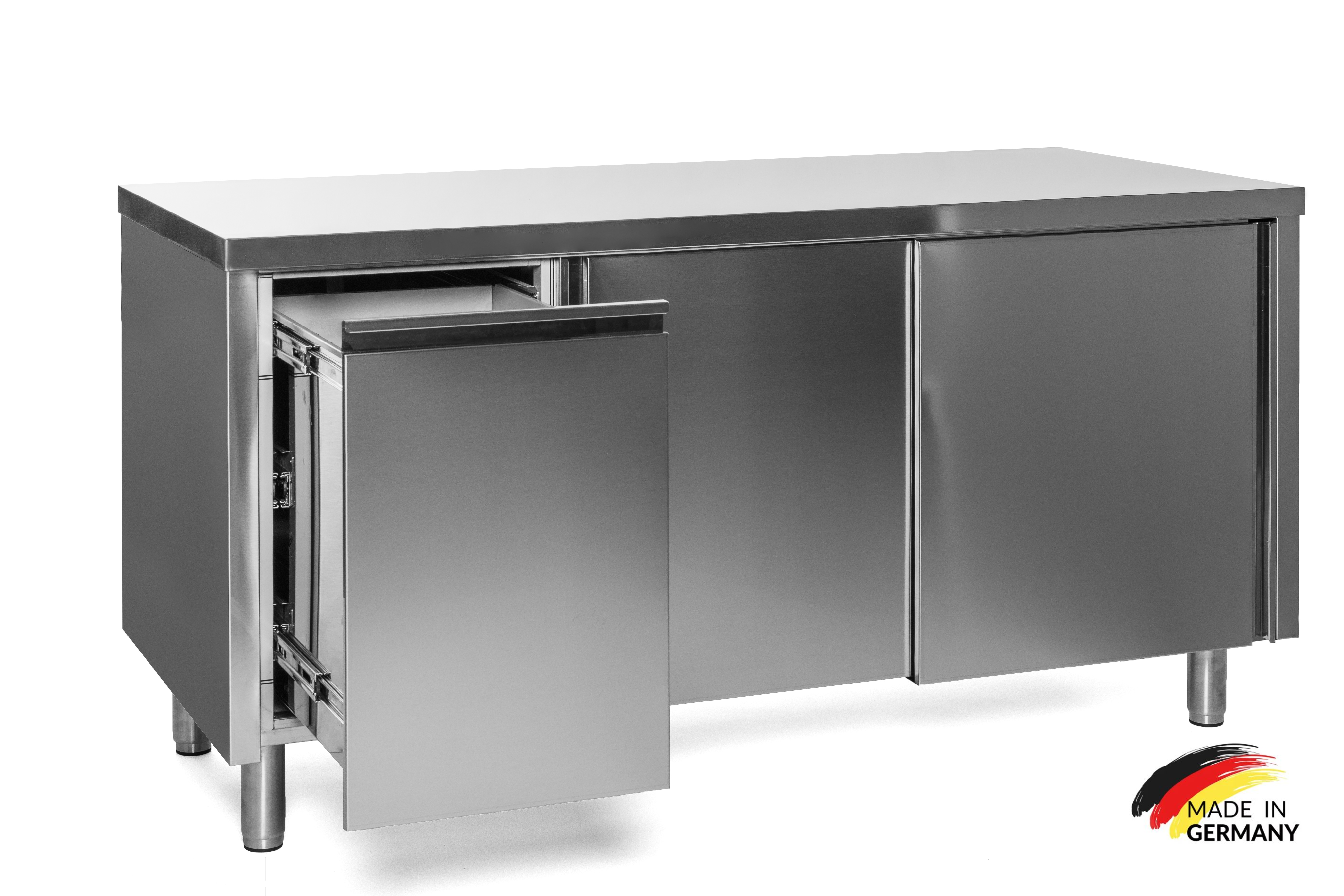 Edelstahl Arbeitsschrank mit Abfallbehälter links, mit Zwischenboden - alle Größen montiert