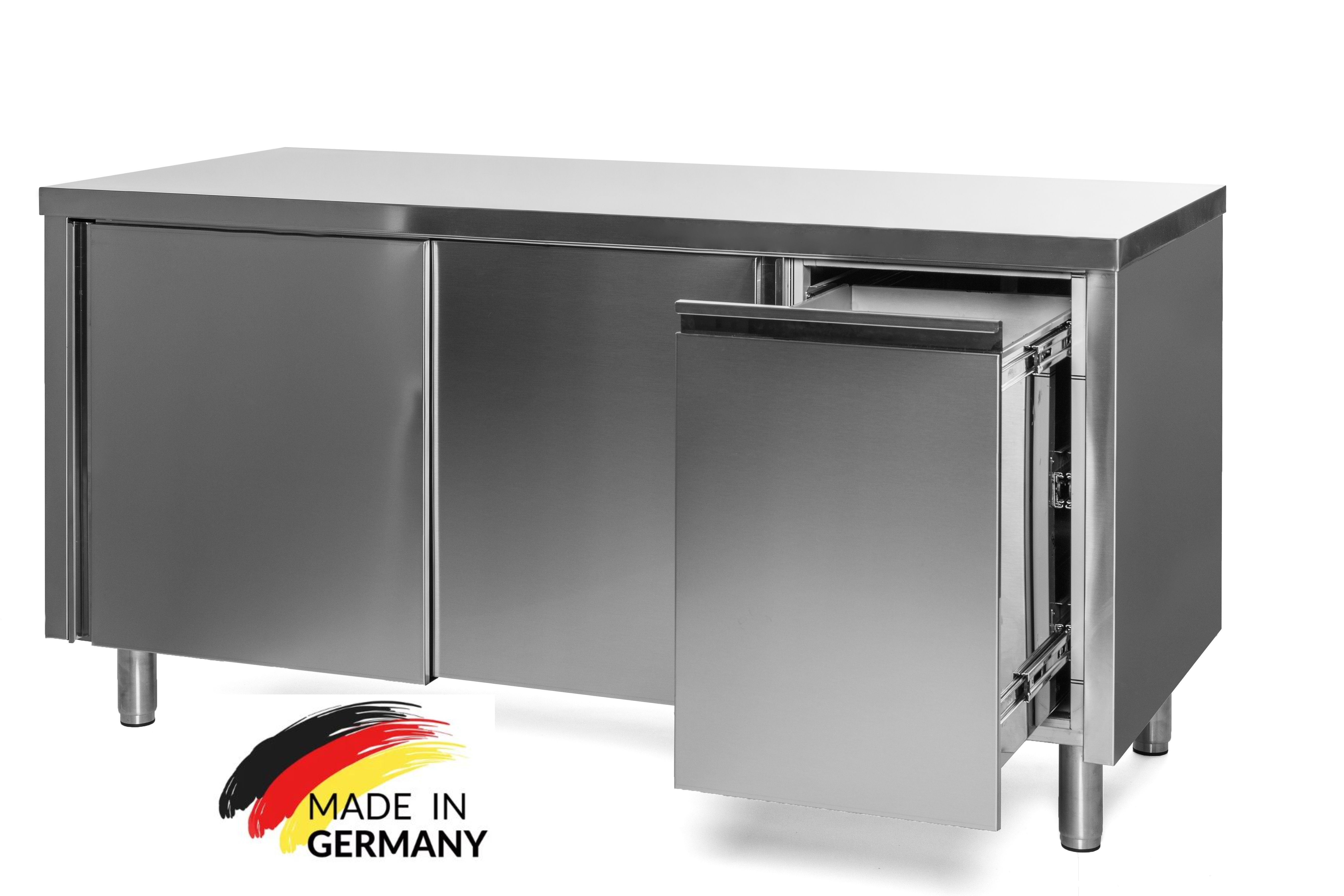 Edelstahl Arbeitsschrank mit Abfallbehälter rechts, mit Zwischenboden - alle Größen montiert