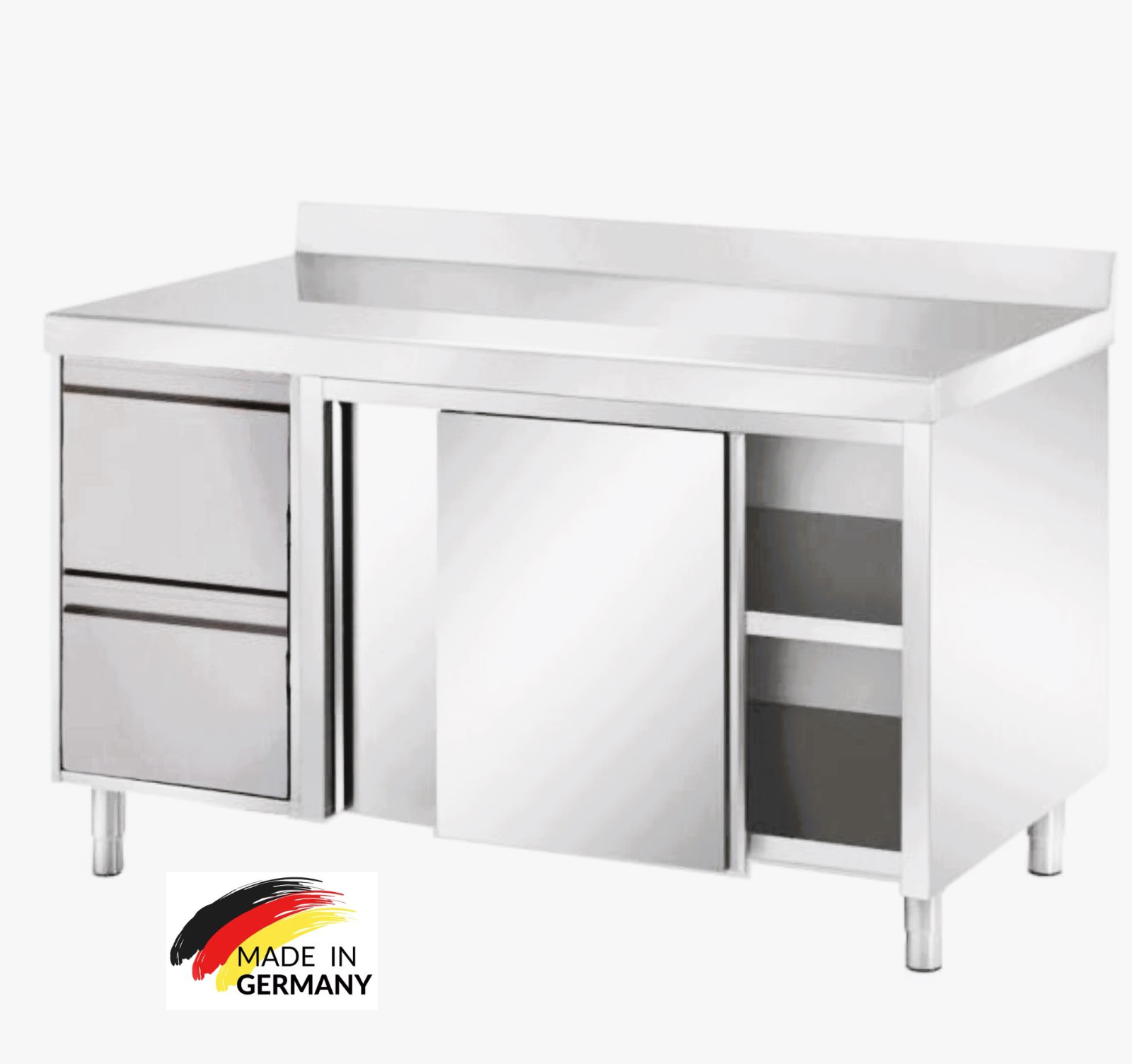 Edelstahl Arbeitsschrank mit 2 Schubladen links, mit Zwischenboden - alle Größen montiert