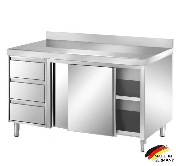 Edelstahl Arbeitsschrank mit 3 Schubladen links, mit Zwischenboden - alle Größen montiert