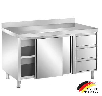 Edelstahl Arbeitsschrank mit 3 Schubladen rechts, mit Zwischenboden - alle Größen montiert