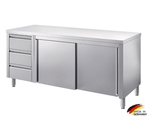 Edelstahl Arbeitsschrank mit 3 Schubladen links, mit Zwischenboden - alle Größen montiert