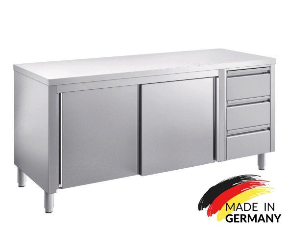 Edelstahl Arbeitsschrank mit 3 Schubladen rechts, mit Zwischenboden - alle Größen montiert