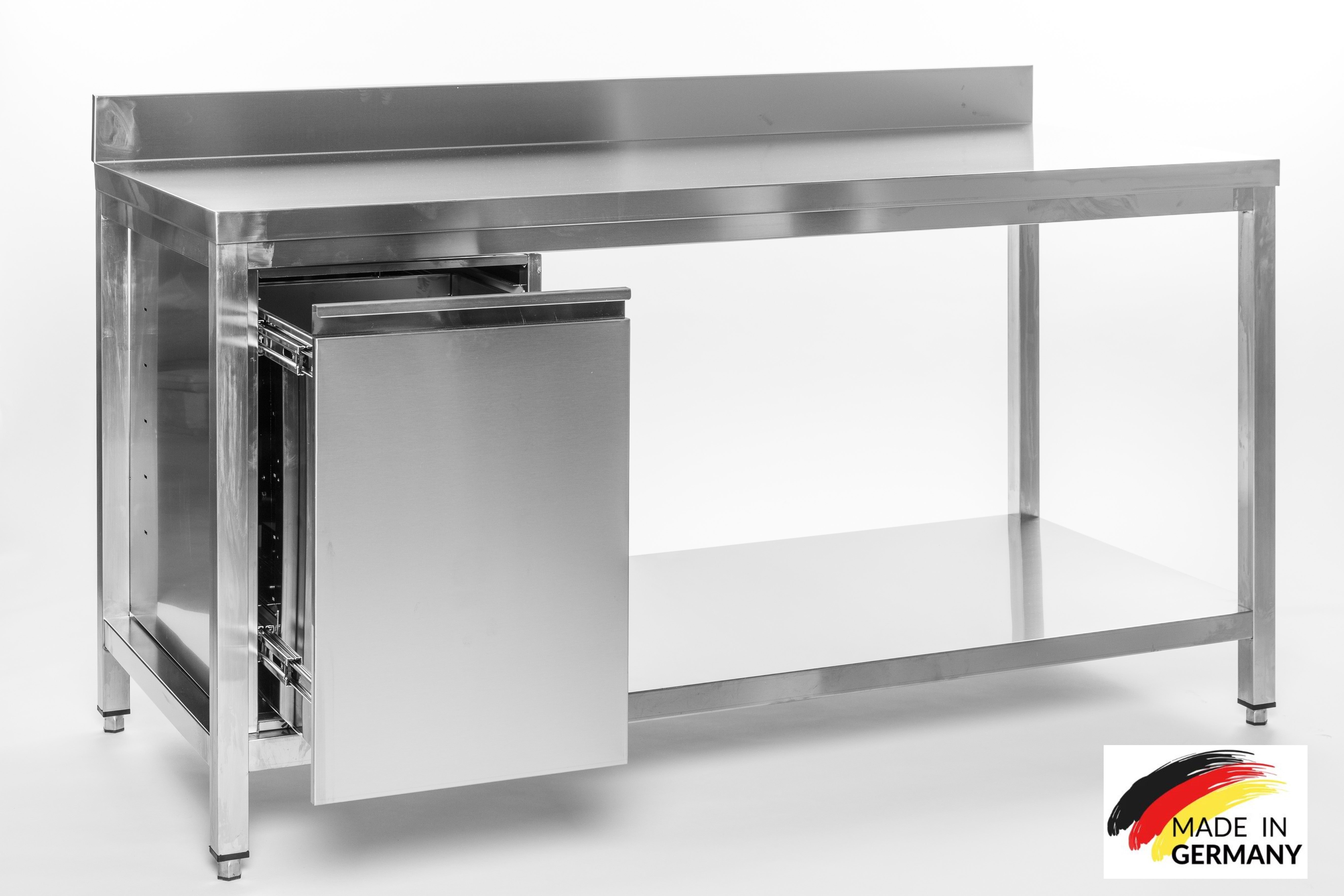 Edelstahl Arbeitstisch mit Grundboden, Abfallbehälter links, Premium - alle Größen montiert