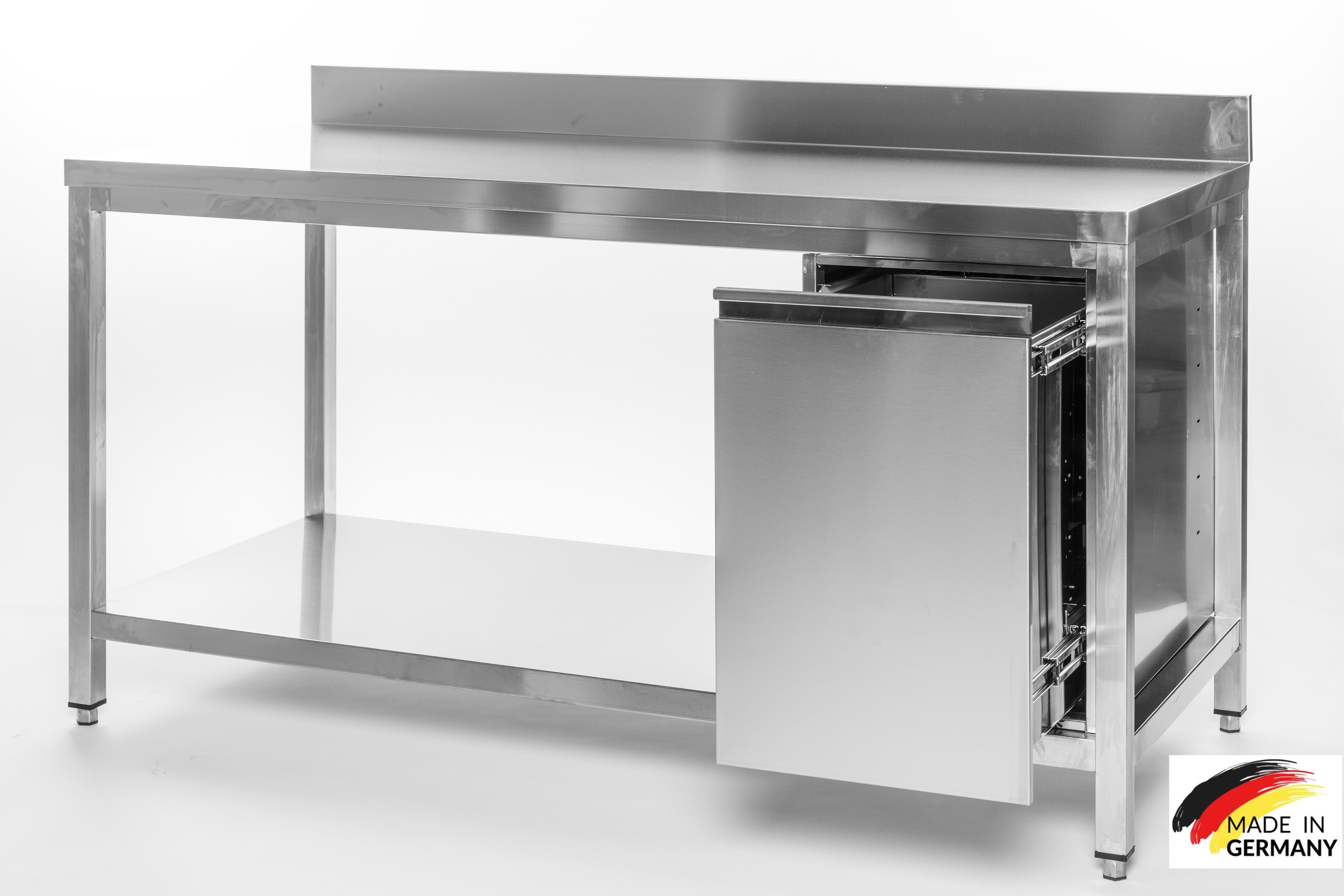 Edelstahl Arbeitstisch mit Grundboden, Abfallbehälter rechts, Premium - alle Größen montiert
