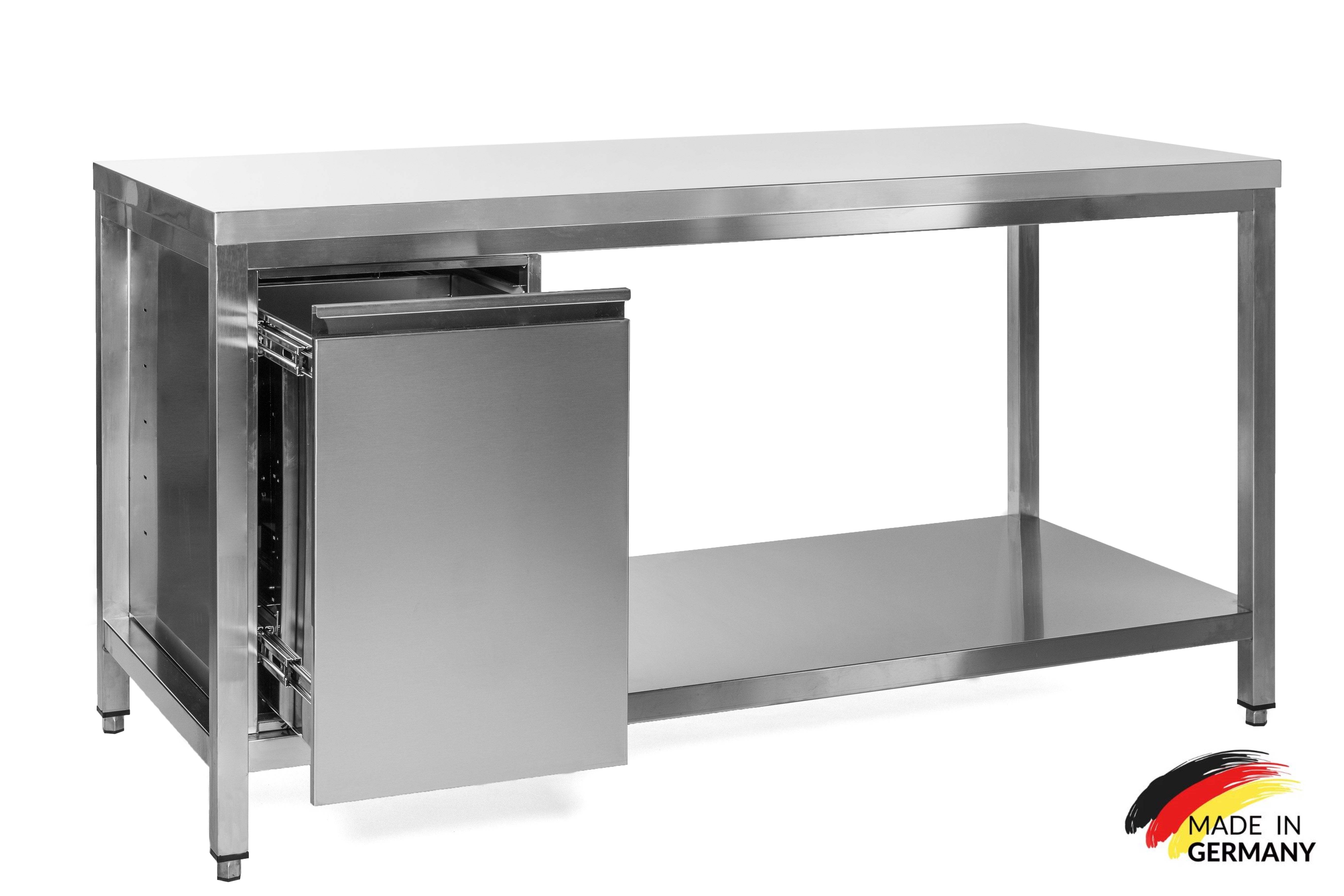 Edelstahl Arbeitstisch mit Grundboden, Abfallbehälter links, Premium - alle Größen montiert