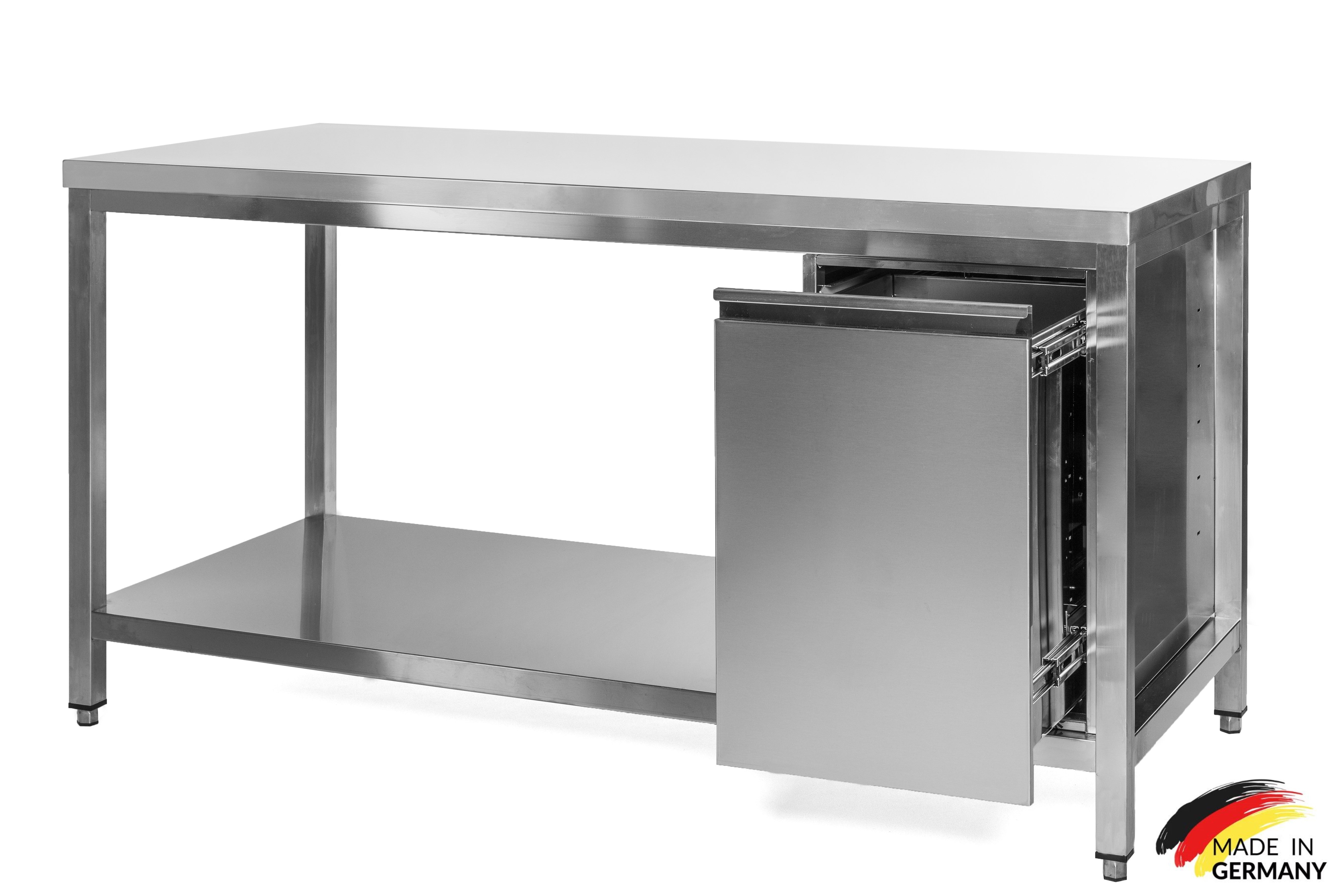 Edelstahl Arbeitstisch mit Grundboden, Abfallbehälter rechts, Premium - alle Größen montiert