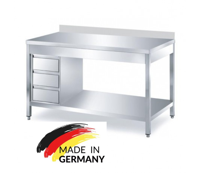 Edelstahl Arbeitstisch mit Grundboden, 3 Schubladen links, Premium - alle Größen montiert
