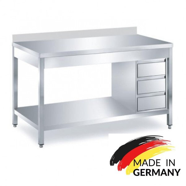 Edelstahl Arbeitstisch mit Grundboden, 3 Schubladen rechts, Premium - alle Größen montiert