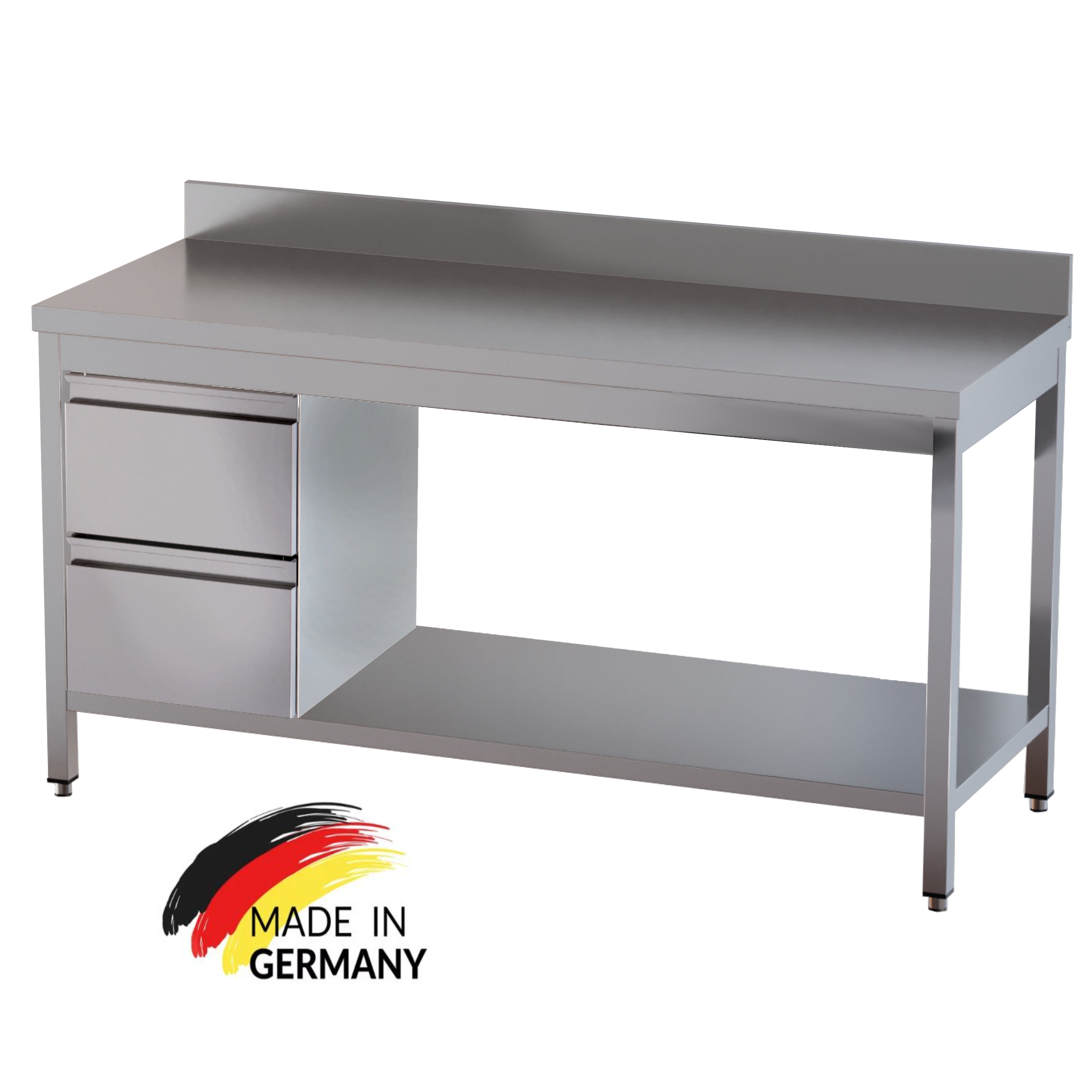 Edelstahl Arbeitstisch mit Grundboden, 2 Schubladen links, Premium - alle Größen montiert