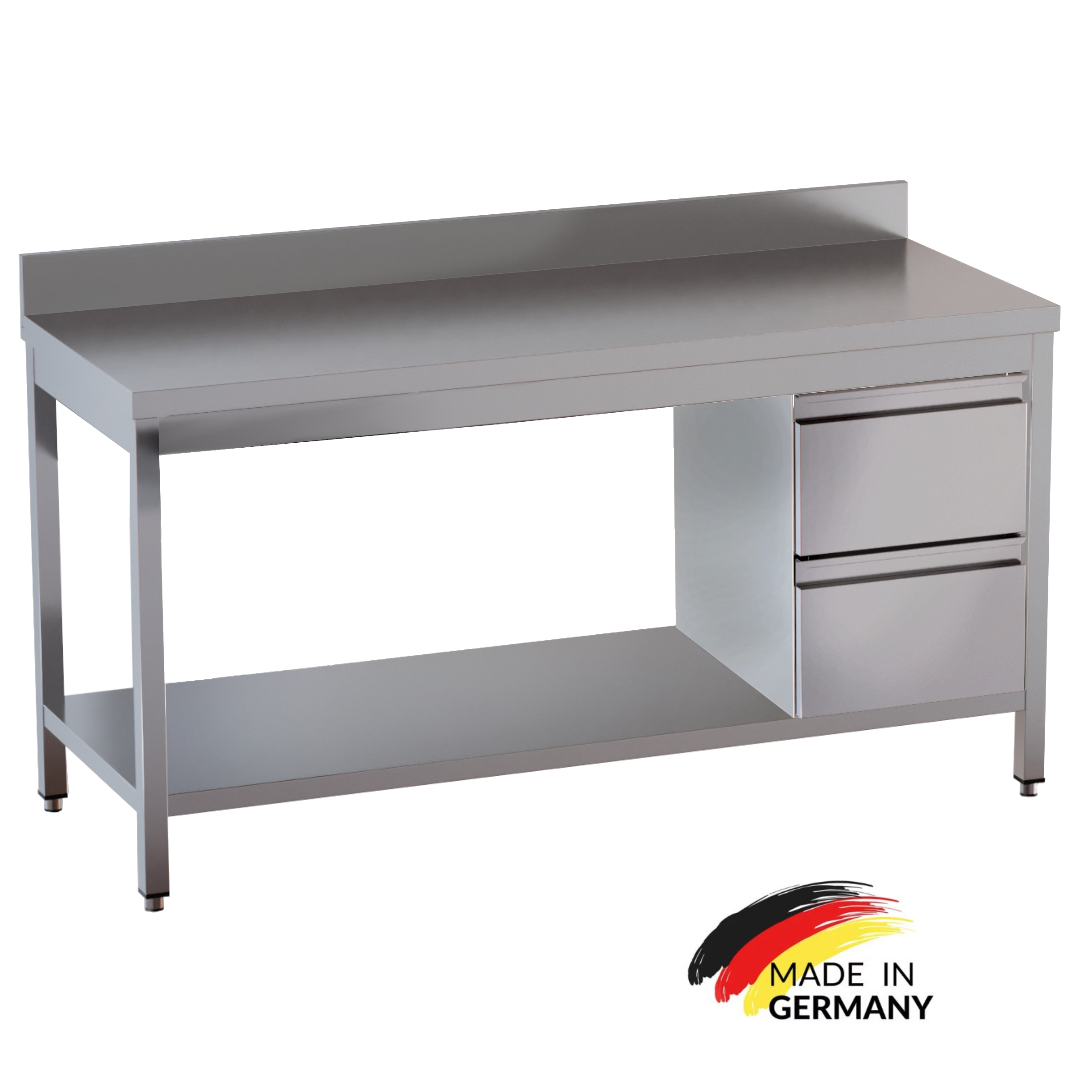 Edelstahl Arbeitstisch mit Grundboden, 2 Schubladen rechts, Premium - alle Größen montiert
