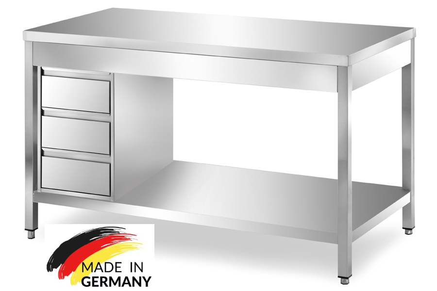Edelstahl Arbeitstisch mit Grundboden, 3 Schubladen links, Premium - alle Größen montiert