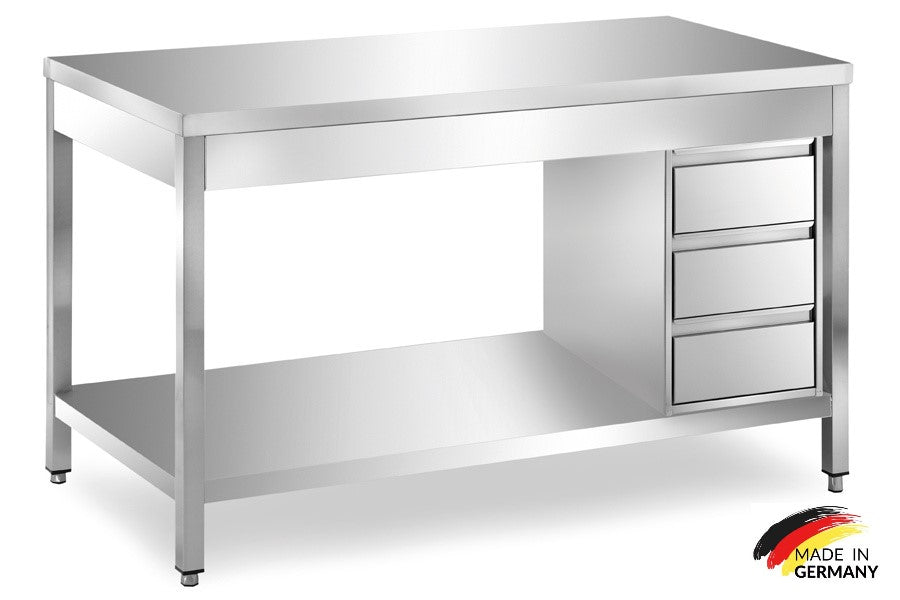 Edelstahl Arbeitstisch mit Grundboden, 3 Schubladen rechts, Premium - alle Größen montiert