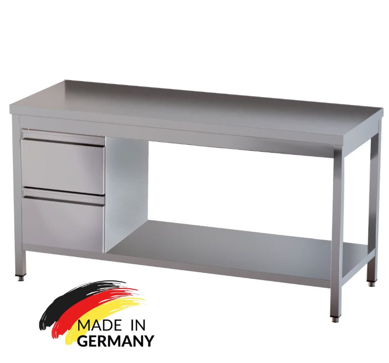 Edelstahl Arbeitstisch mit Grundboden, 2 Schubladen links, Premium - alle Größen montiert