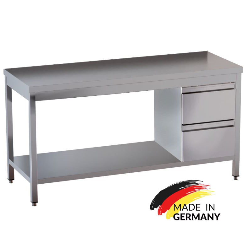Edelstahl Arbeitstisch mit Grundboden, 2 Schubladen rechts, Premium - alle Größen montiert