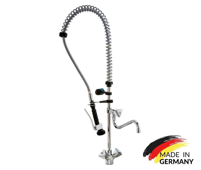 VM Europa - Geschirrbrause mit Einhebelmischer extra lang - 120 cm Höhe - mit Absperrhahn - biegsamer Wasserhahn Armaturen Gastronomie Wand Armatur