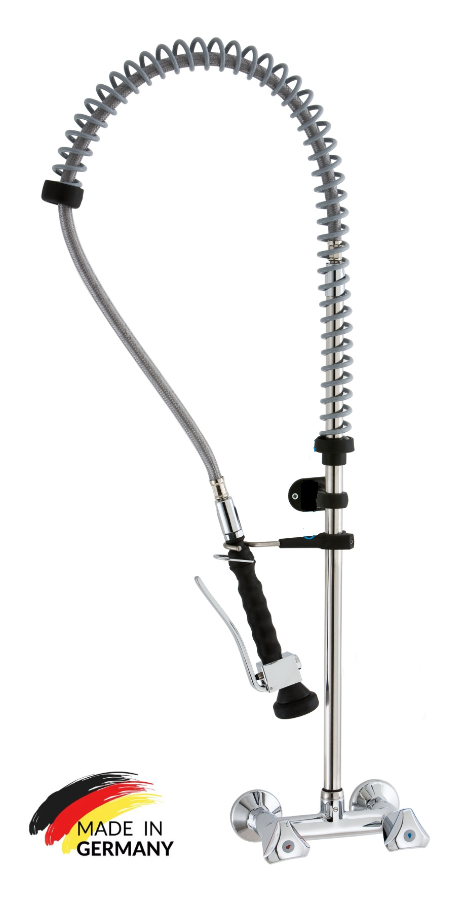 VM Europa - 2 Loch Wandmischbatterie mit Geschirrbrause - 100 cm Höhe - Lochabstand 15 cm - biegsamer Wasserhahn Armaturen Gastronomie Wand Armatur