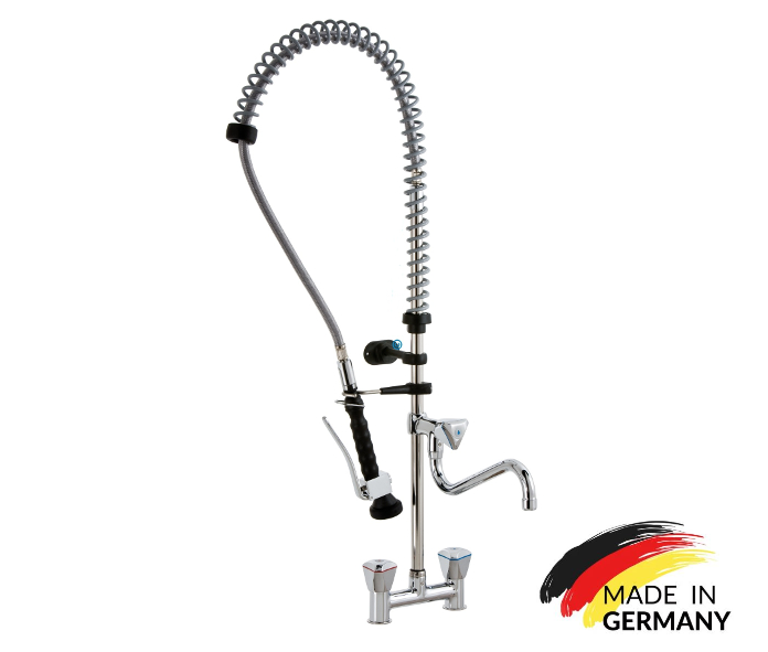 VM Europa - 2 Loch Wandmischbatterie mit Geschirrbrause -  biegsamer Wasserhahn Armaturen Gastronomie Wand Armatur