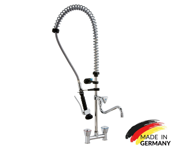 VM Europa - 2 Loch Geschirrbrause mit separatem Wasserhahn - 120 cm Höhe - Lochabstand 16 cm - biegsamer Wasserhahn Armaturen Gastronomie Wand Armatur