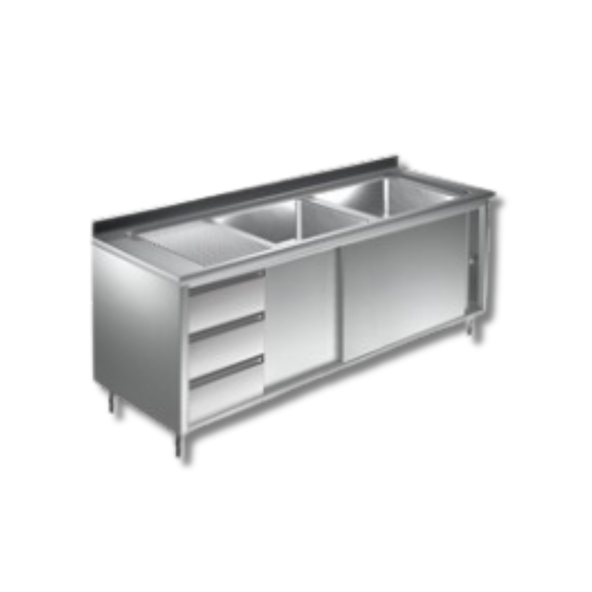 Edelstahl Spülschrank 2 Becken rechts, mit Aufkantung, 3 Schubladen links, Premium - alle Größen montiert