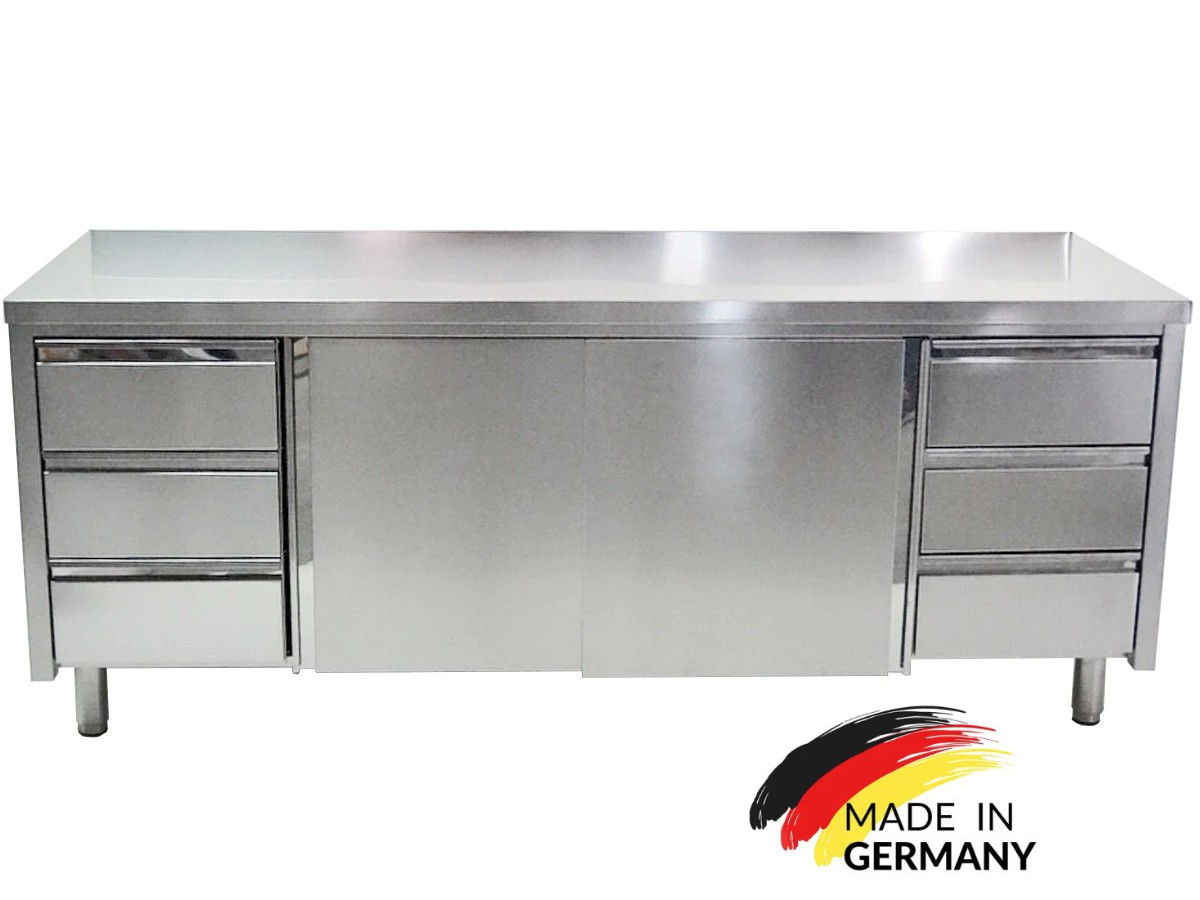Edelstahl Arbeitsschrank mit 3 Schubladen links, 3 Schubladen rechts, mit Zwischenboden - alle Größen montiert