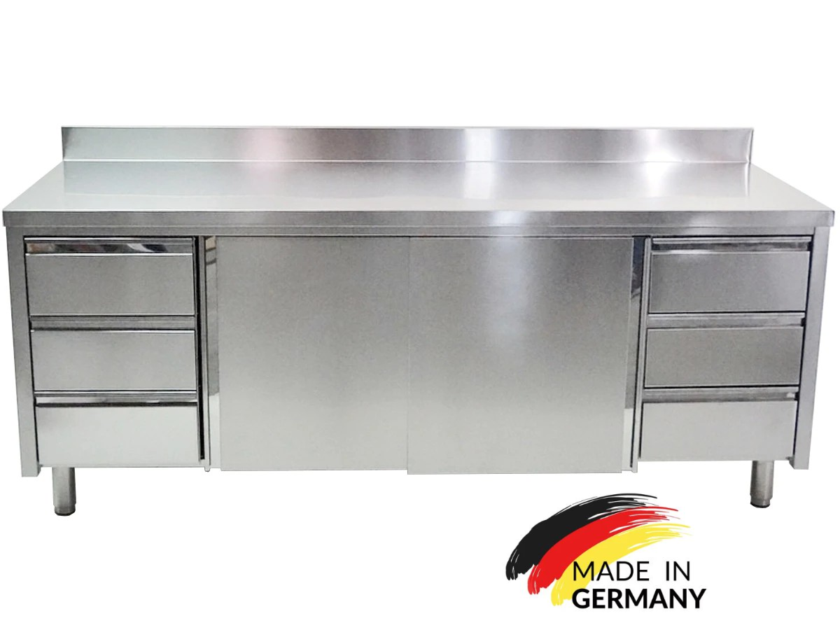Edelstahl Arbeitsschrank mit 3 Schubladen links, 3 Schubladen rechts, mit Zwischenboden - alle Größen montiert