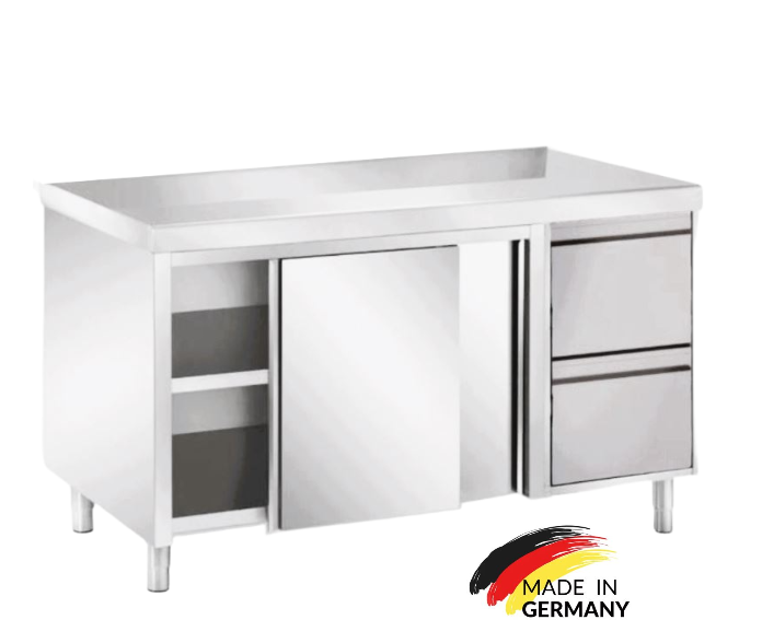 Edelstahl Arbeitsschrank mit  2 Schubladen rechts, mit Zwischenboden - alle Größen montiert