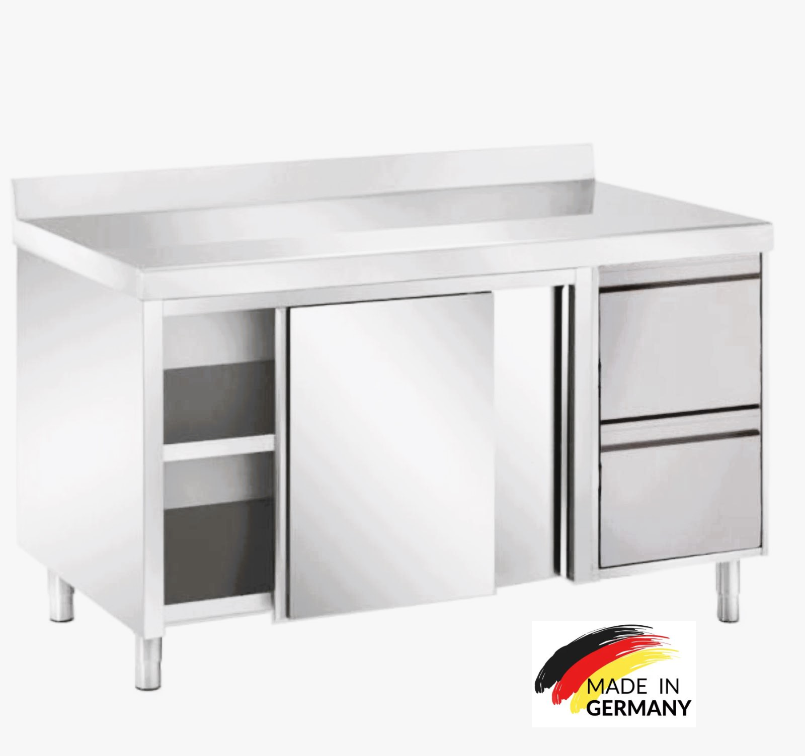 Edelstahl Arbeitsschrank mit  2 Schubladen rechts, mit Zwischenboden - alle Größen montiert