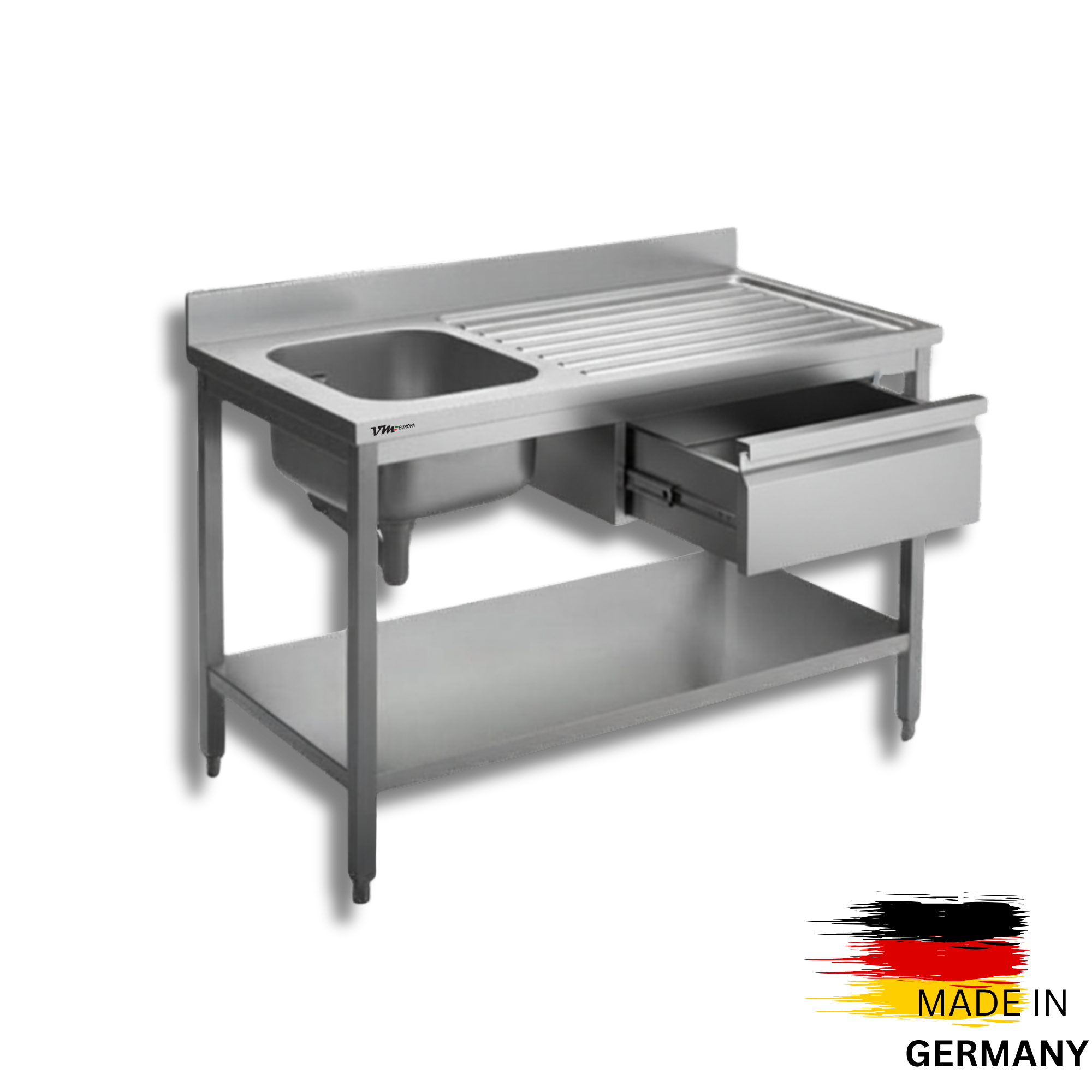 Edelstahl Spültisch 1 Becken links, mit Grundboden, mit einer Schublade, Simple - alle Größen zur selbstmontage oder verschweißt