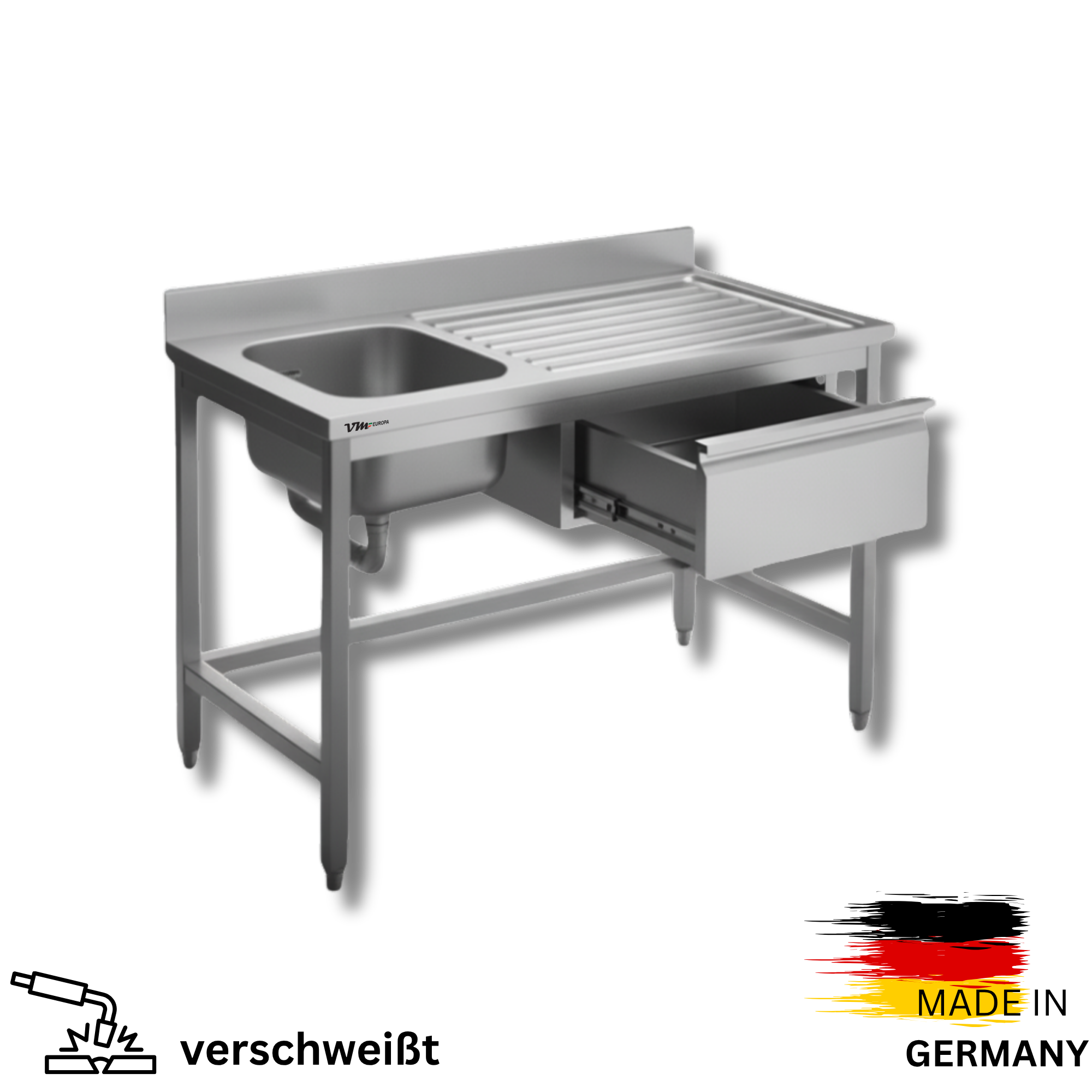 Edelstahl Spültisch 1 Becken links, ohne Grundboden, mit Aufkantung, mit einer Schublade, Simple - alle Größen zur selbstmontage oder verschweißt