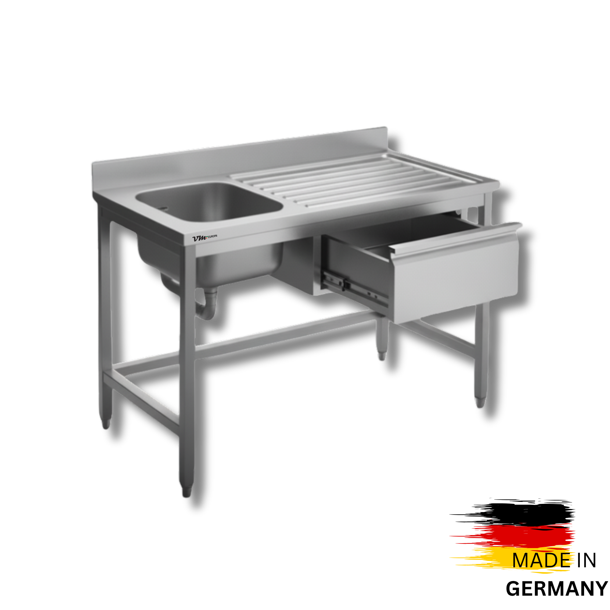 Edelstahl Spültisch 1 Becken links, ohne Grundboden, mit Aufkantung, mit einer Schublade, Simple - alle Größen zur selbstmontage oder verschweißt
