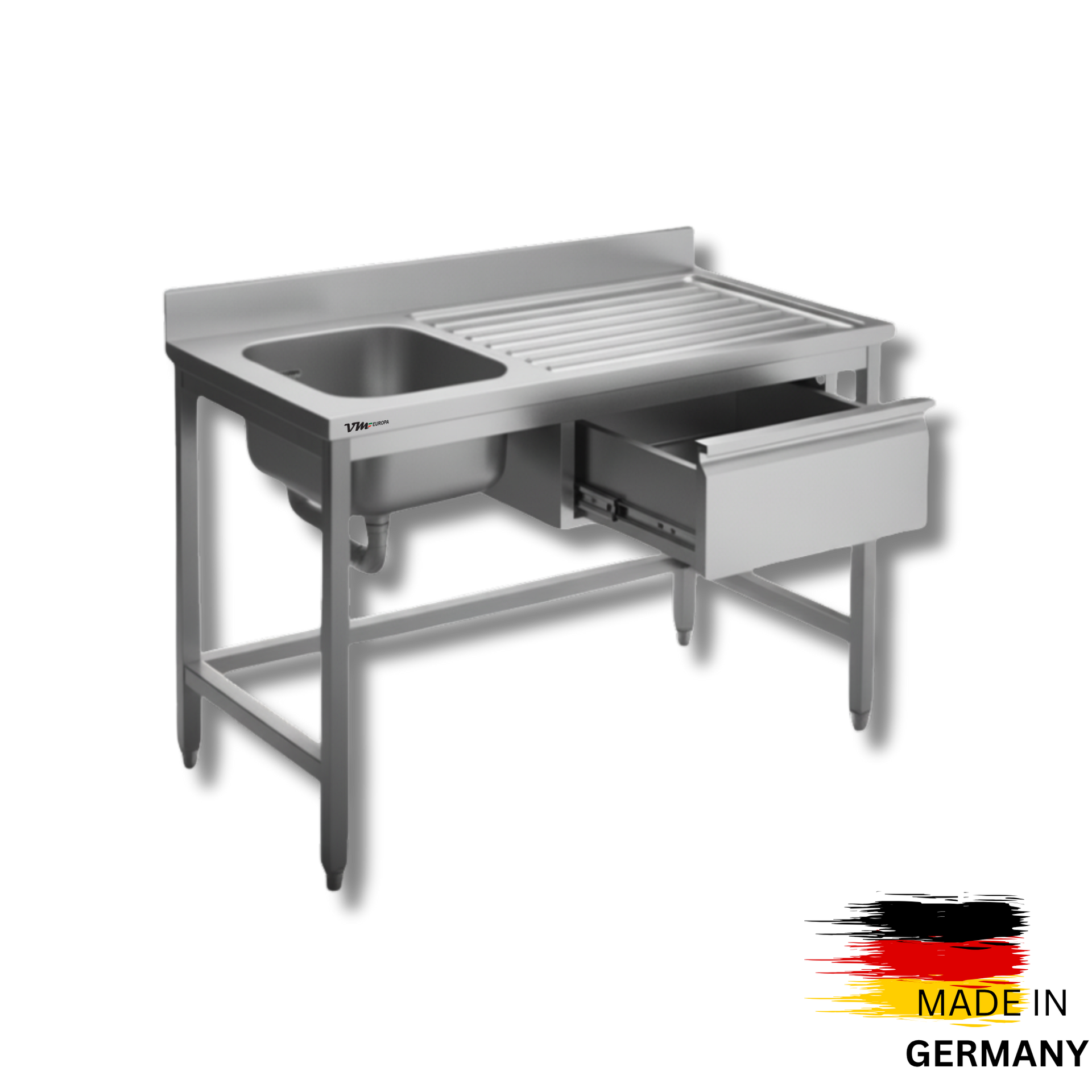 Edelstahl Spültisch 1 Becken rechts, ohne Grundboden, mit Aufkantung, mit einer Schublade, Simple - alle Größen zur selbstmontage oder verschweißt