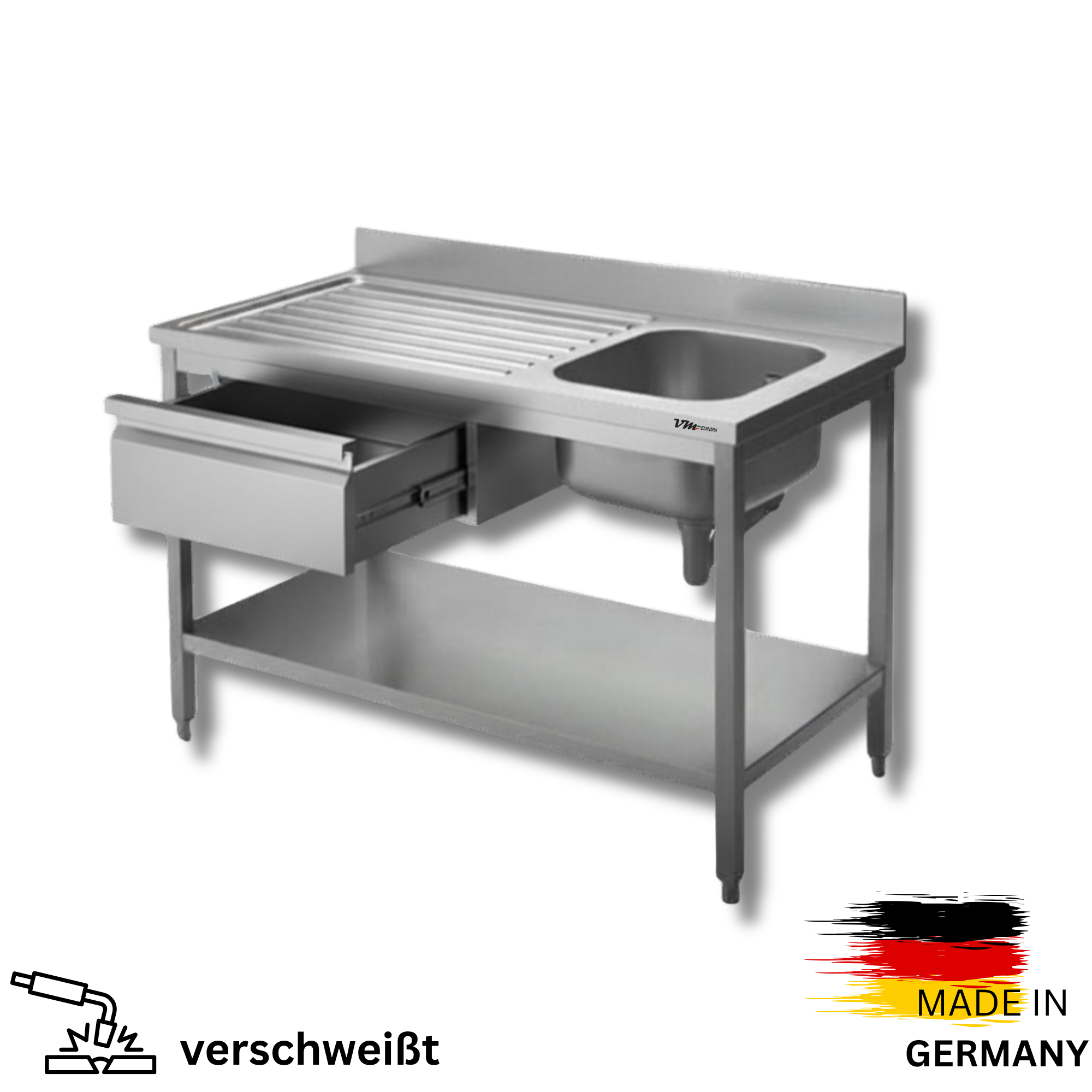 Edelstahl Spültisch 1 Becken rechts, mit Grundboden, mit einer Schublade, Simple - alle Größen zur selbstmontage oder verschweißt