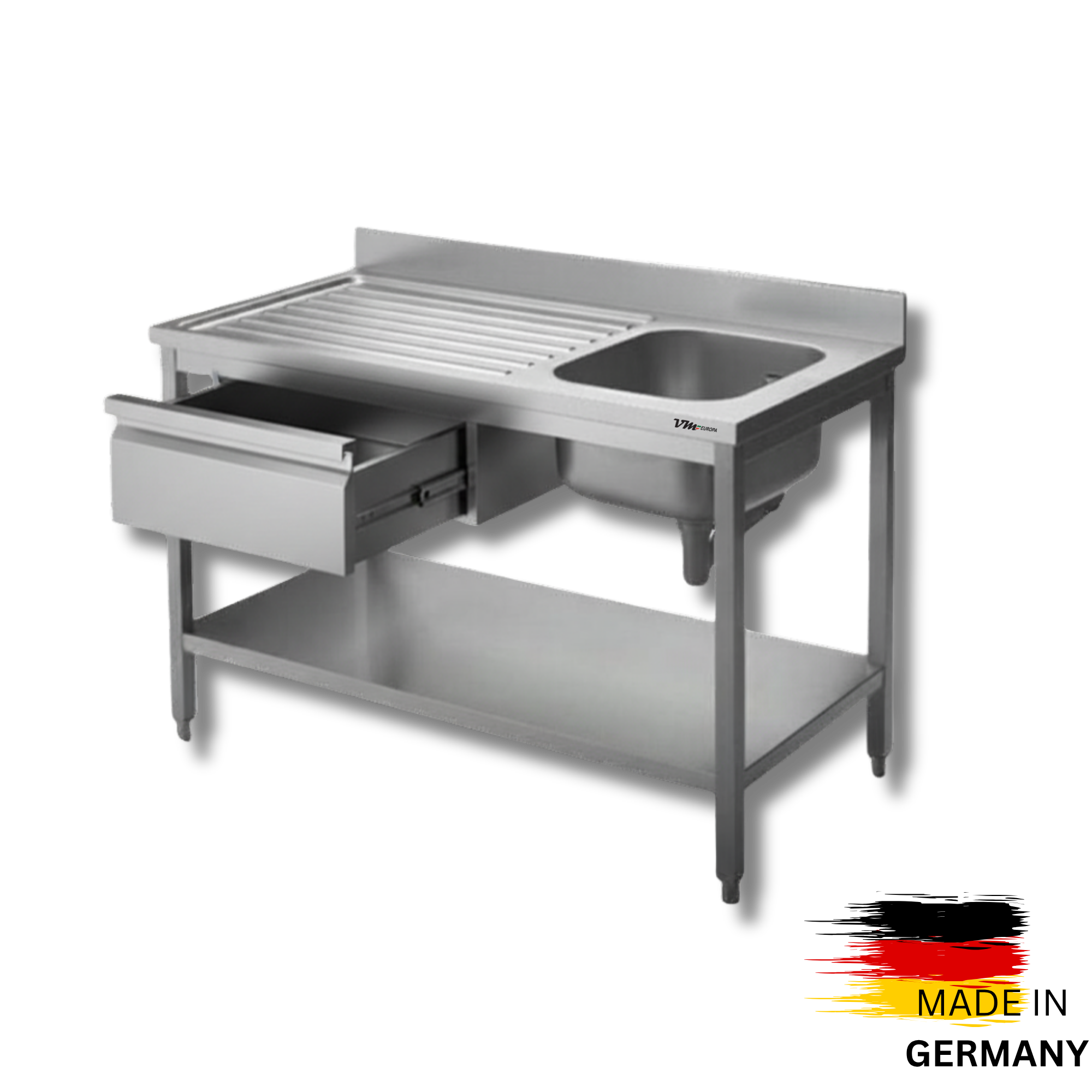 Edelstahl Spültisch 1 Becken rechts, mit Grundboden, mit einer Schublade, Simple - alle Größen zur selbstmontage oder verschweißt